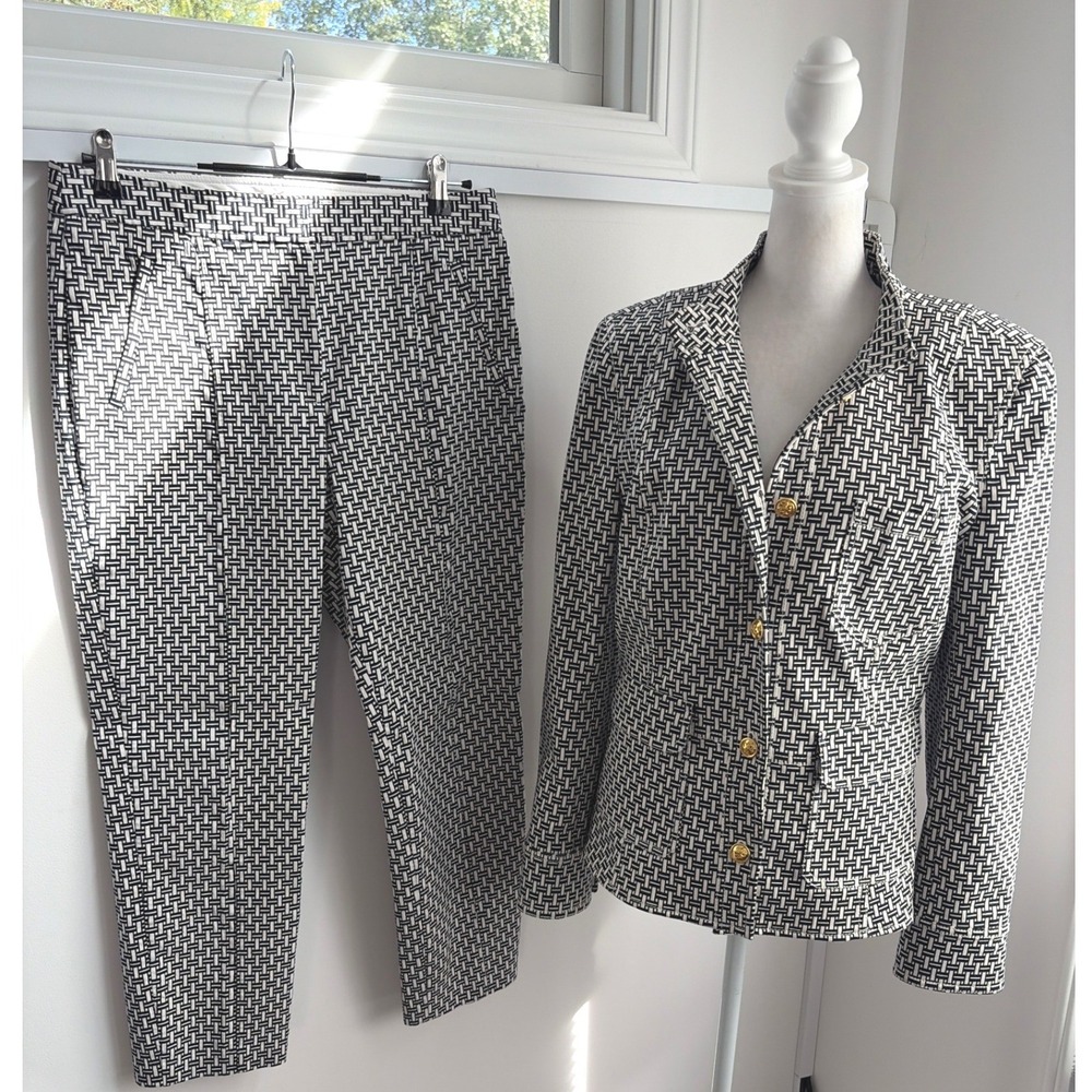 Tory Burch Pant Suit Blazer 12 Pants 8 Preppy Black White Set 2 Piece Designer